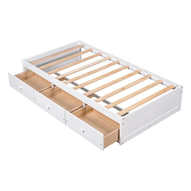 Lit plateforme double en bois avec 3 tiroirs