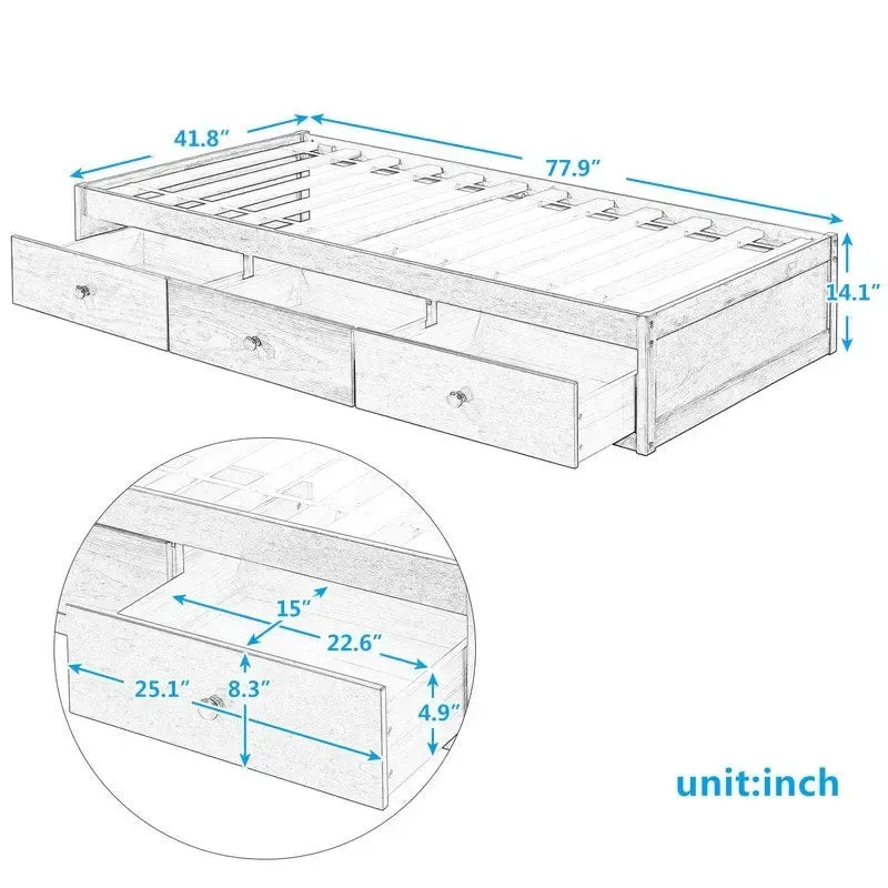 Lit plateforme double en bois avec 3 tiroirs