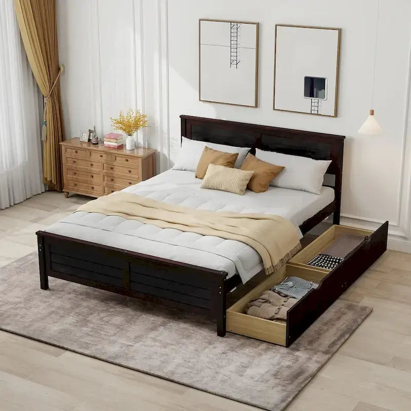   Full Size Wooden Bed Frame with 2 Storage Drawers & Under-bed
