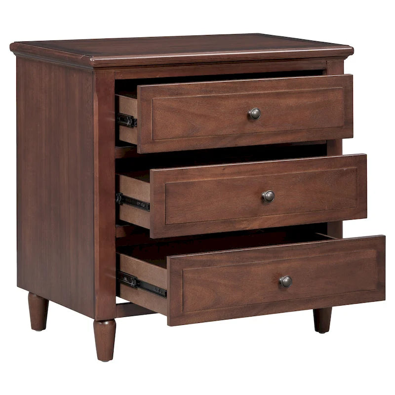 Table de chevet Mid-Century Moderne, Casier en bois avec poignées métalliques 3 tiroirs, Table d'appoint d'entrée avec pieds en bois massif