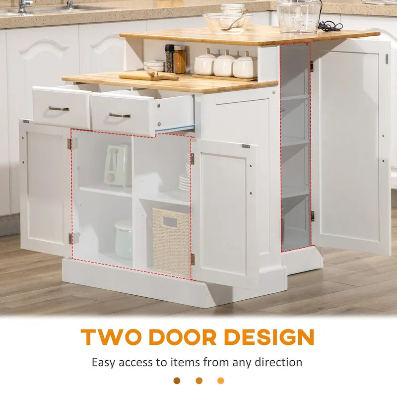 Îlot de cuisine avec armoire de rangement et plateau en bois d'hévéa à 2 niveaux (tabouret non inclus)