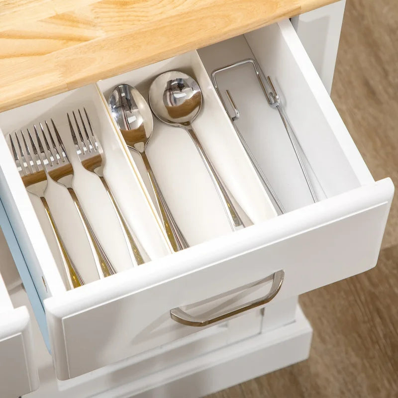 Îlot de cuisine avec armoire de rangement et plateau en bois d'hévéa à 2 niveaux (tabouret non inclus)