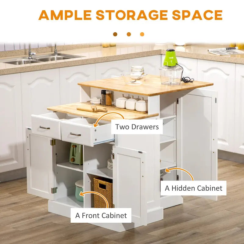 Îlot de cuisine avec armoire de rangement et plateau en bois d'hévéa à 2 niveaux (tabouret non inclus)