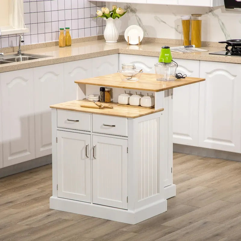 Îlot de cuisine avec armoire de rangement et plateau en bois d'hévéa à 2 niveaux (tabouret non inclus)