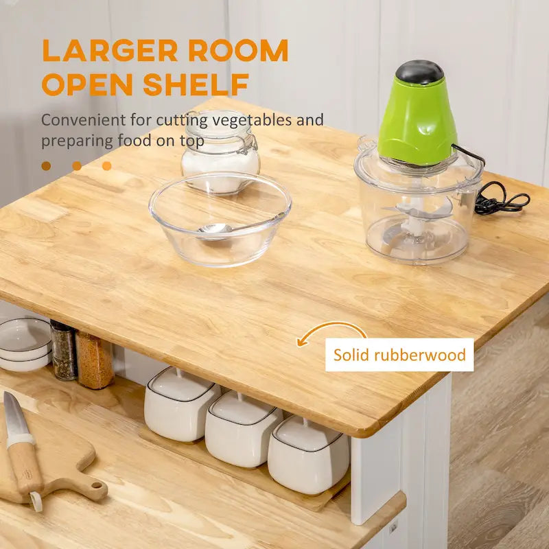 Îlot de cuisine avec armoire de rangement et plateau en bois d'hévéa à 2 niveaux (tabouret non inclus)