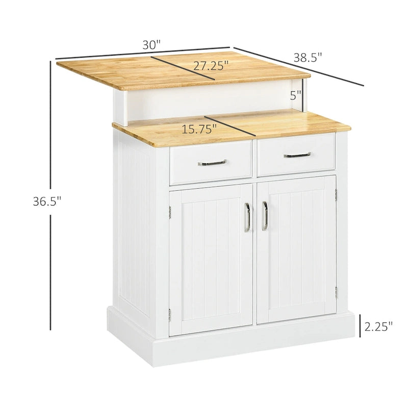Îlot de cuisine avec armoire de rangement et plateau en bois d'hévéa à 2 niveaux (tabouret non inclus)