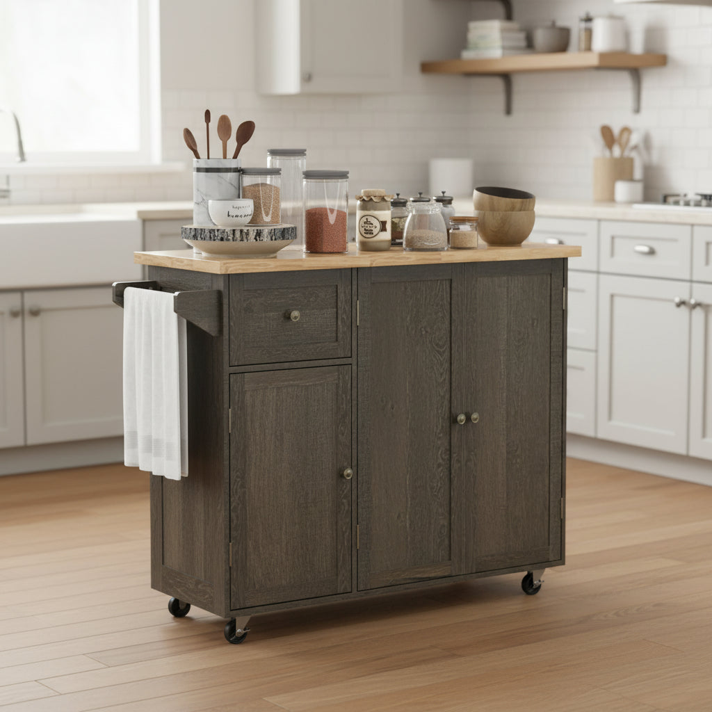 Triple-Cabinet Rolling Kitchen Island On Wheels(no include stool)