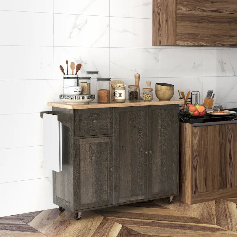 Îlot de cuisine roulant à trois armoires sur roulettes (tabouret non inclus)