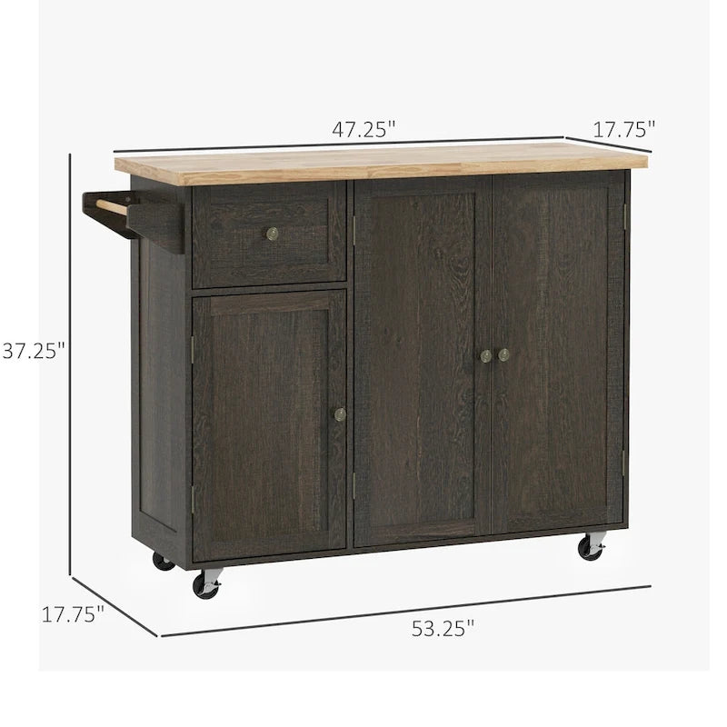Îlot de cuisine roulant à trois armoires sur roulettes (tabouret non inclus)