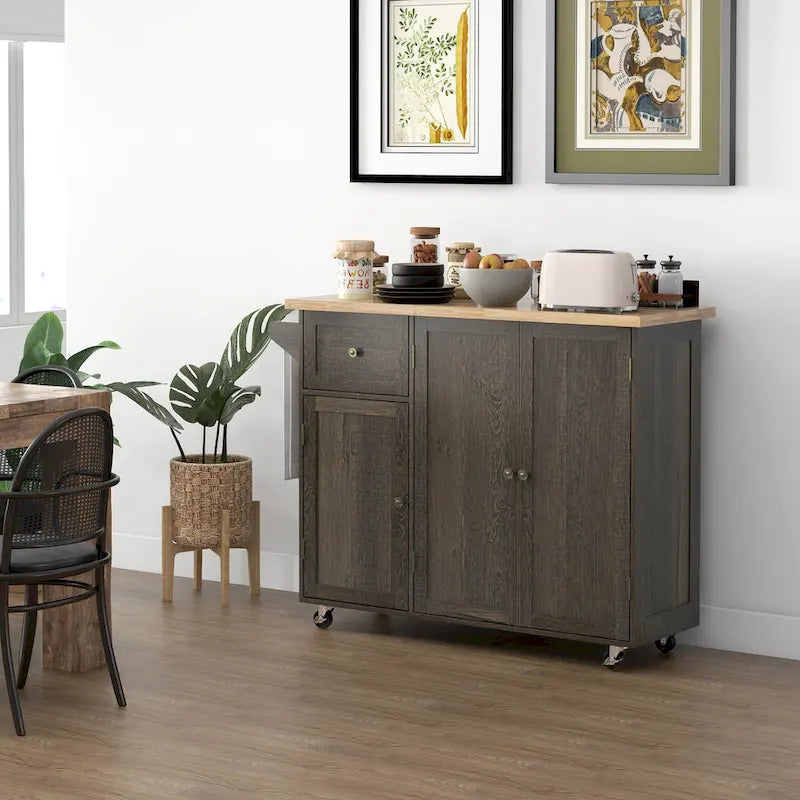 Îlot de cuisine roulant à trois armoires sur roulettes (tabouret non inclus)