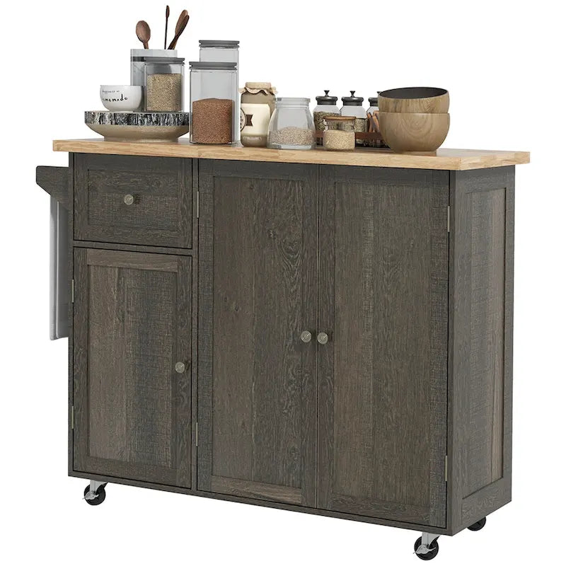 Îlot de cuisine roulant à trois armoires sur roulettes (tabouret non inclus)