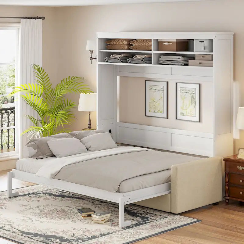 Lit escamotable convertible queen size avec canapé - Design 2-en-1 compact avec rangement intégré, mécanisme à double piston