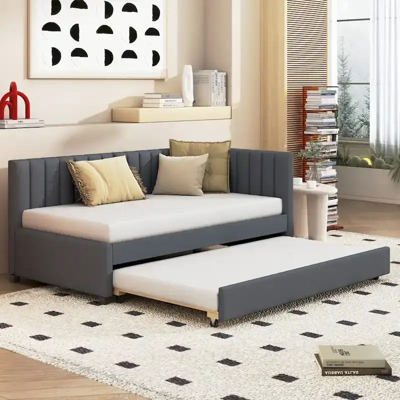 Lit de repos double en lin avec lit gigogne et design semi-fermé