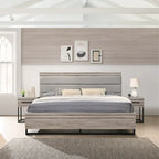     3-Piece Upholstered Wood Bedroom Set, Panel Bed and Two Nightstands, Weathered Gray