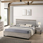 Ensemble de chambre à coucher 3 pièces en bois rembourré, lit à panneaux et deux tables de chevet, gris vieilli