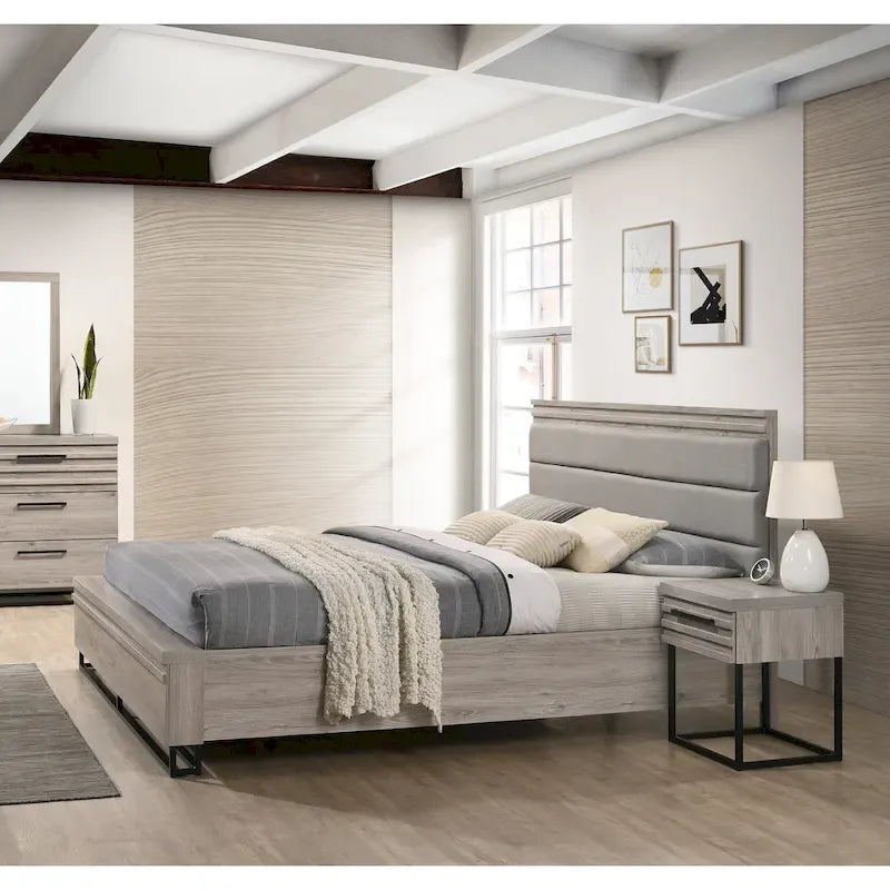 Ensemble de chambre à coucher 3 pièces en bois rembourré, lit à panneaux et deux tables de chevet, gris vieilli
