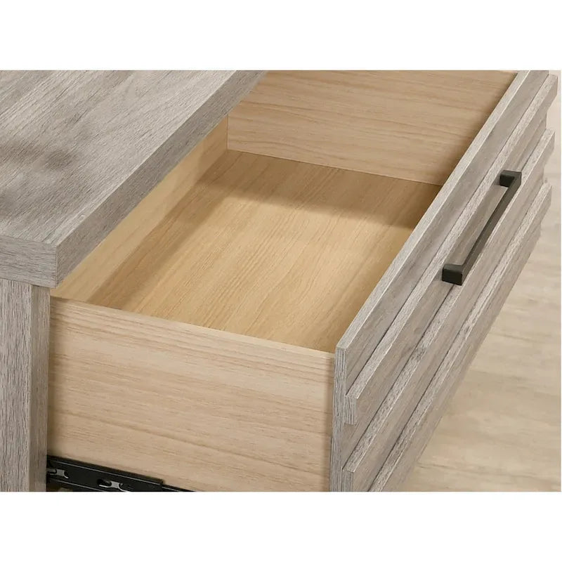 Ensemble de chambre à coucher 3 pièces en bois rembourré, lit à panneaux et deux tables de chevet, gris vieilli