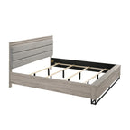 Ensemble de chambre à coucher 3 pièces en bois rembourré, lit à panneaux et deux tables de chevet, gris vieilli