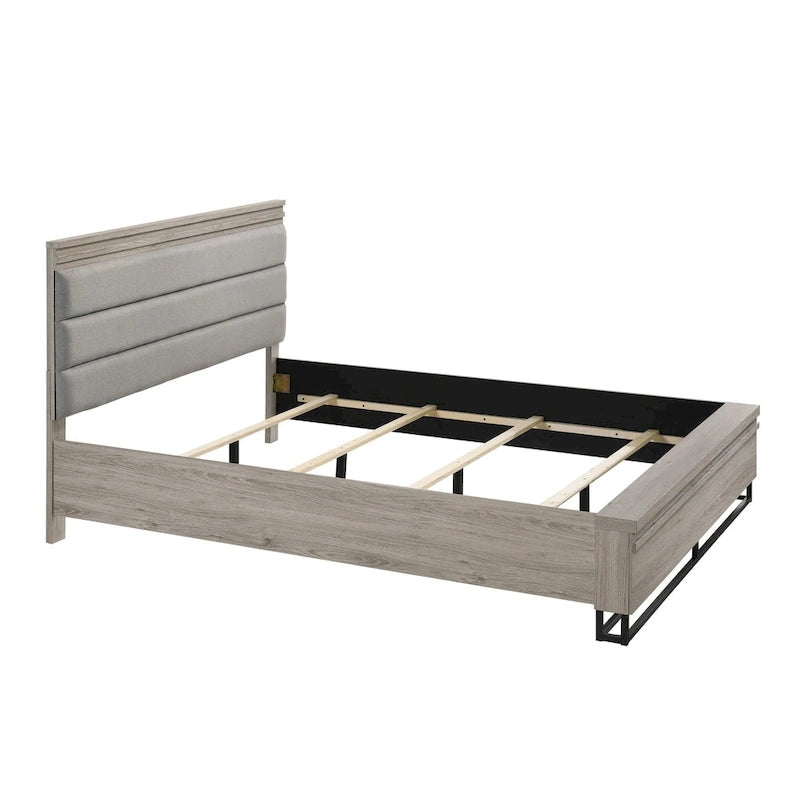 Ensemble de chambre à coucher 3 pièces en bois rembourré, lit à panneaux et deux tables de chevet, gris vieilli