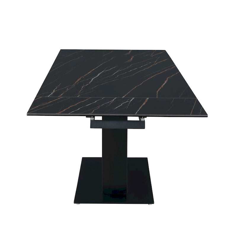 Table à manger Katana en pierre frittée extensible avec piétement en bois et base en verre
