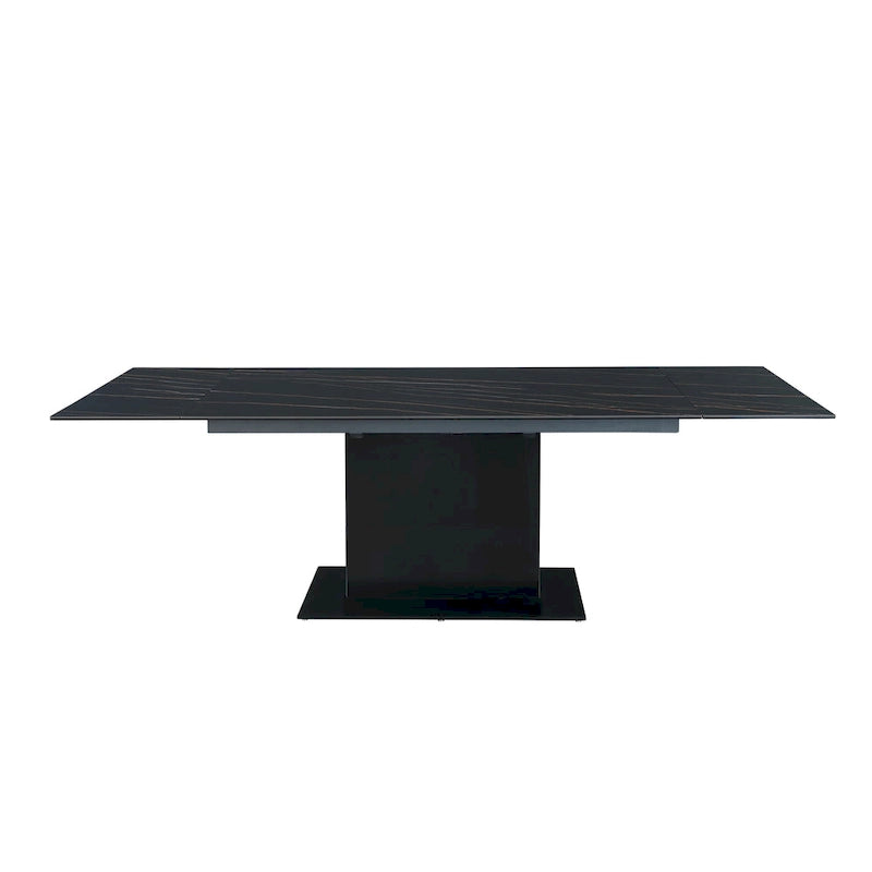 Table à manger Katana en pierre frittée extensible avec piétement en bois et base en verre