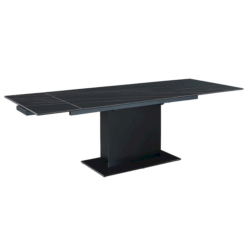 Table à manger Katana en pierre frittée extensible avec piétement en bois et base en verre