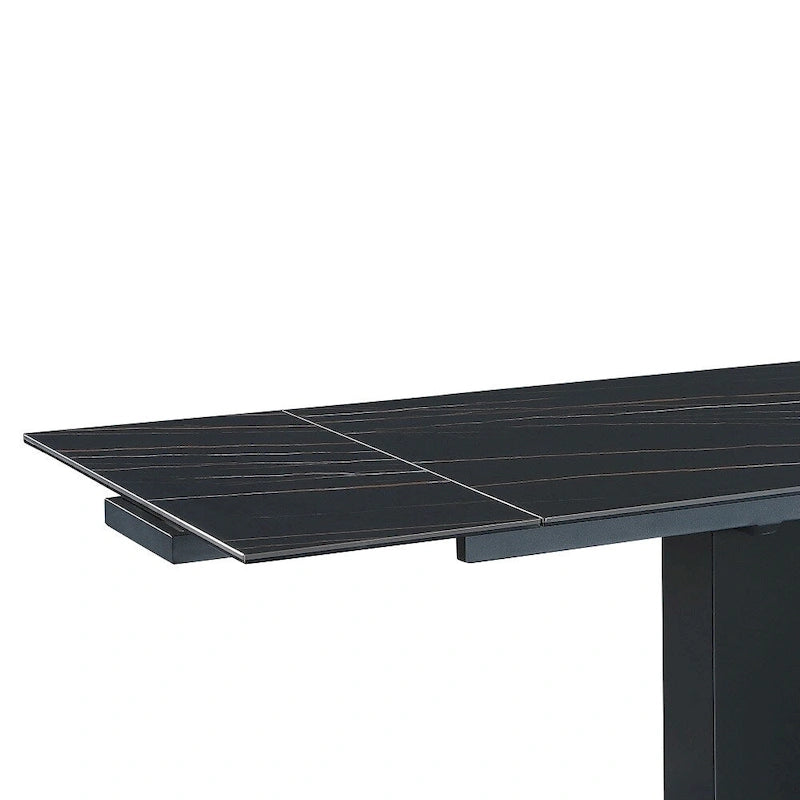 Table à manger Katana en pierre frittée extensible avec piétement en bois et base en verre