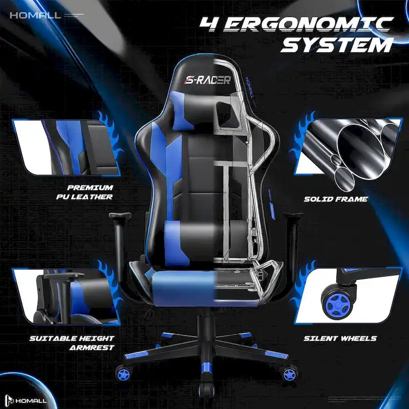 Fauteuil de bureau gaming ergonomique en similicuir réglable pivotant