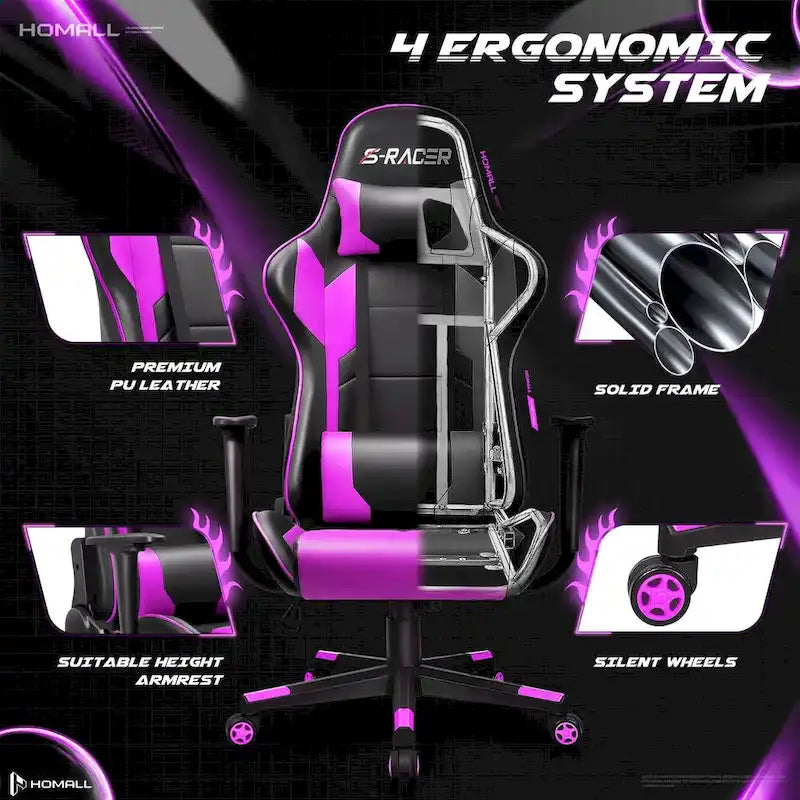 Fauteuil de bureau gaming ergonomique en similicuir réglable pivotant