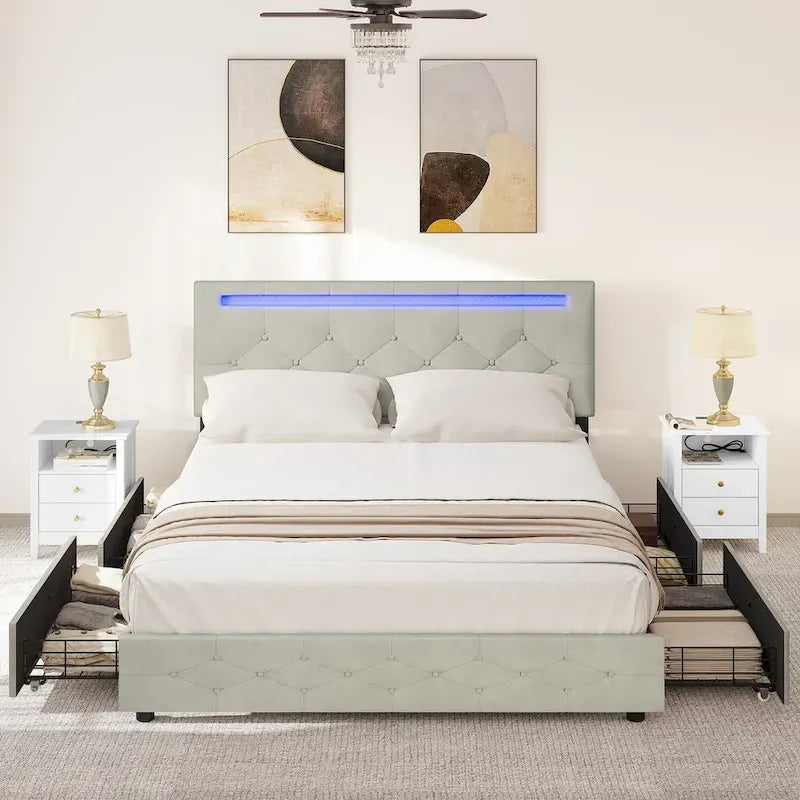Lit plateforme rembourré à tête de lit réglable avec lumière LED et chargement USB