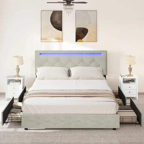 Lit plateforme rembourré à tête de lit réglable avec lumière LED et chargement USB