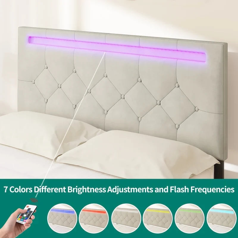 Lit plateforme rembourré à tête de lit réglable avec lumière LED et chargement USB
