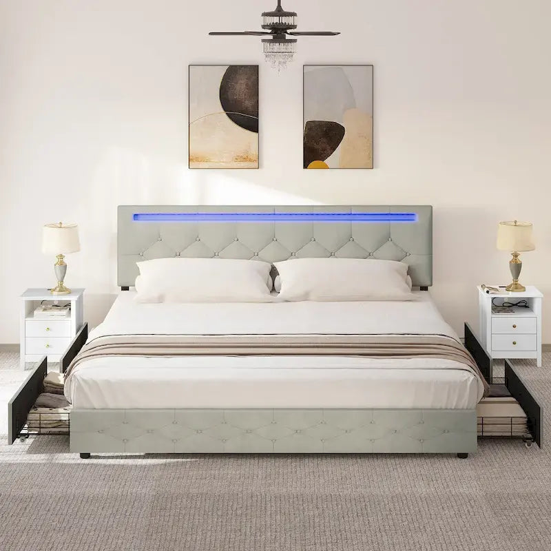 Lit plateforme rembourré à tête de lit réglable avec lumière LED et chargement USB