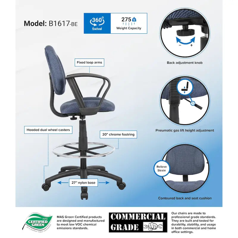 Tabouret de dessinateur noir réglable avec accoudoirs en boucle et roulettes