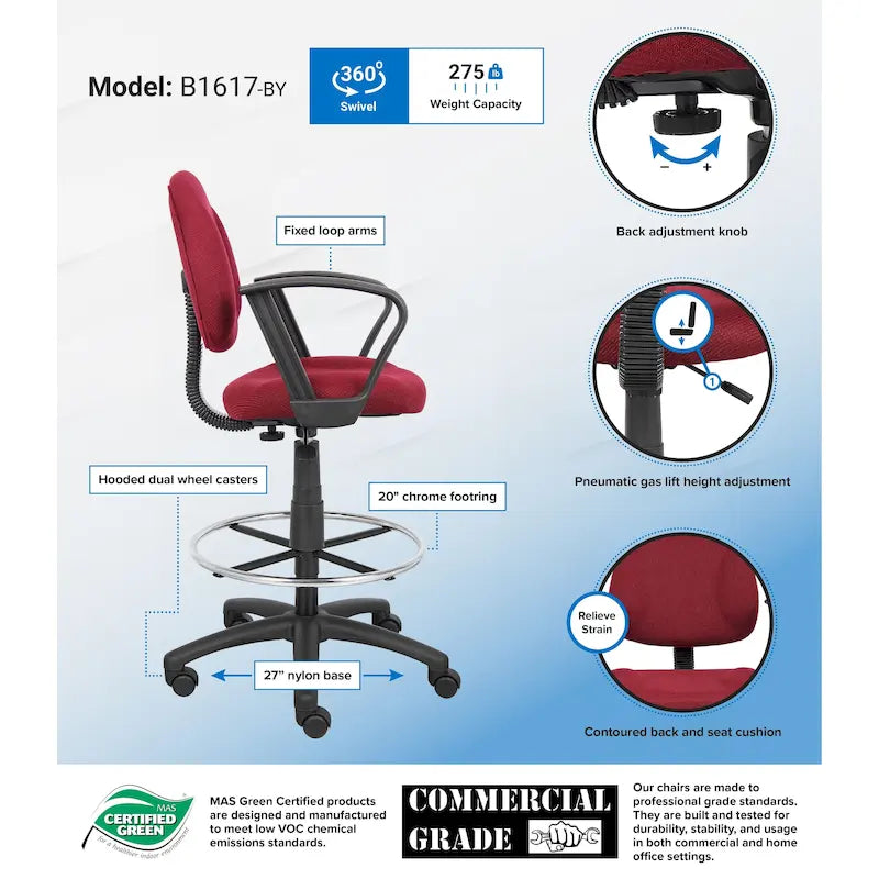 Tabouret de dessinateur noir réglable avec accoudoirs en boucle et roulettes