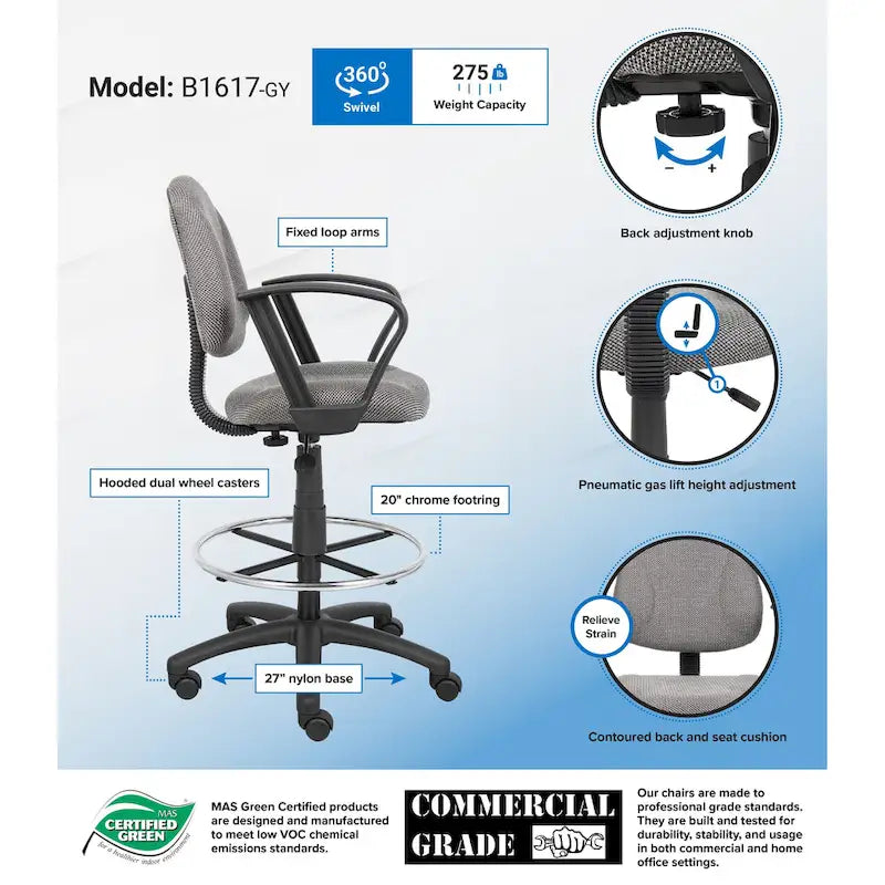 Tabouret de dessinateur noir réglable avec accoudoirs en boucle et roulettes