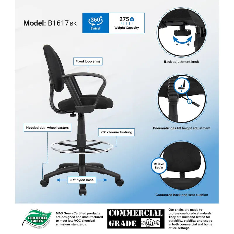Tabouret de dessinateur noir réglable avec accoudoirs en boucle et roulettes