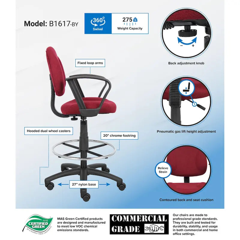 Tabouret de dessinateur noir réglable avec accoudoirs en boucle et roulettes