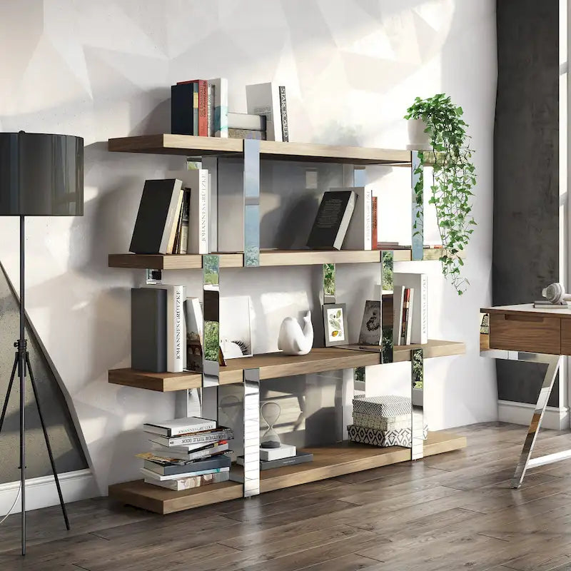     Modern Walnut Glass & Stainless Steel Bookshelf