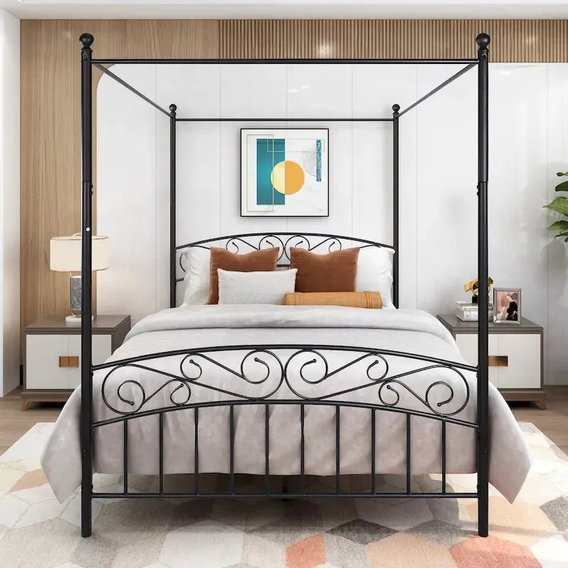 Cadre de lit baldaquin en métal avec tête et pied de lit de style européen orné, acier robuste, convient à votre matelas, montage facile.