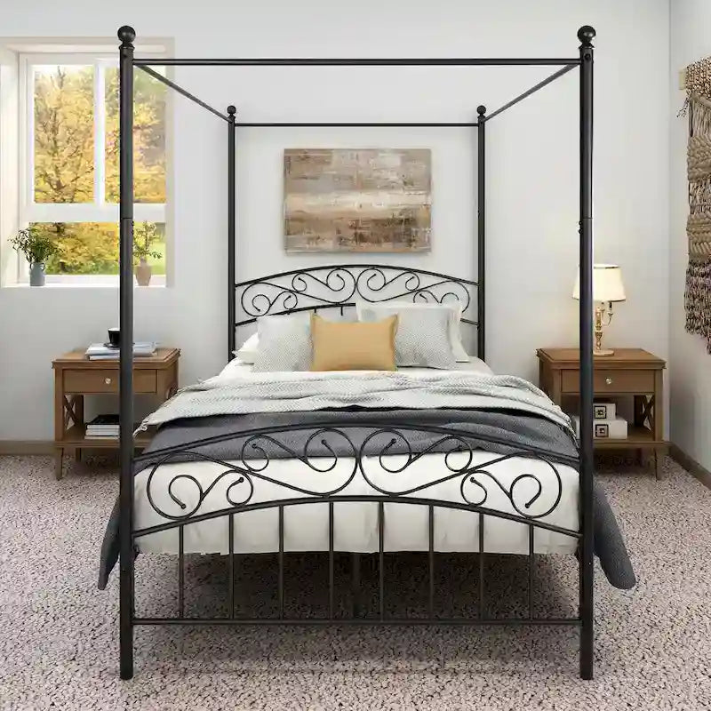 Cadre de lit baldaquin en métal avec tête et pied de lit de style européen orné, acier robuste, convient à votre matelas, montage facile.