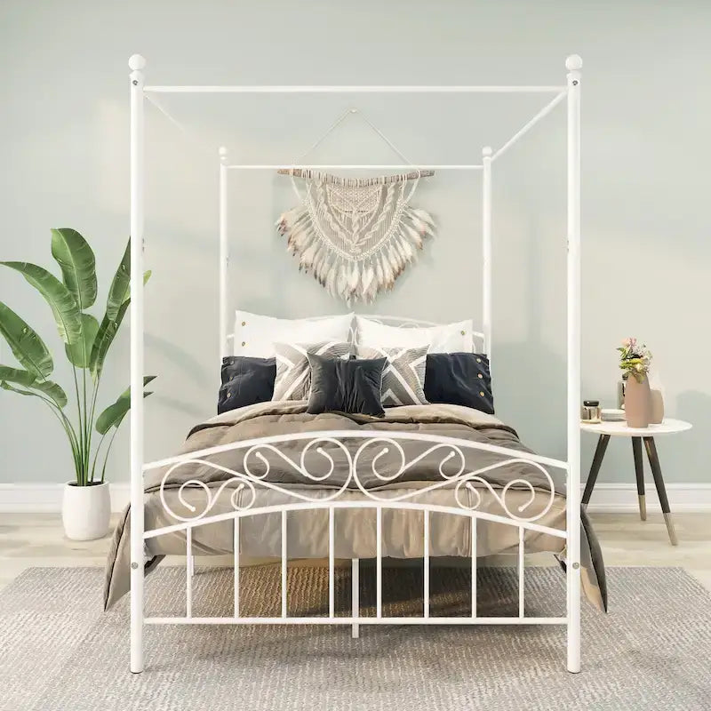 Cadre de lit baldaquin en métal avec tête et pied de lit de style européen orné, acier robuste, convient à votre matelas, montage facile.