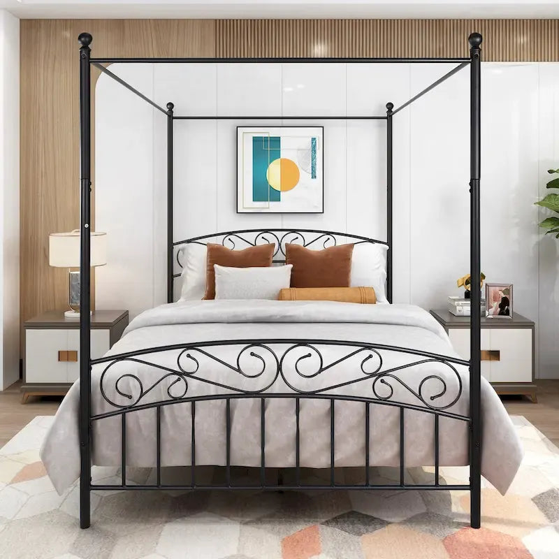 Cadre de lit baldaquin en métal avec tête et pied de lit de style européen orné, acier robuste, convient à votre matelas, montage facile.