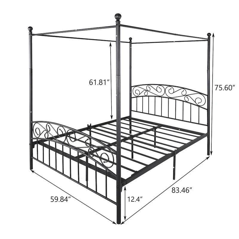 Cadre de lit baldaquin en métal avec tête et pied de lit de style européen orné, acier robuste, convient à votre matelas, montage facile.
