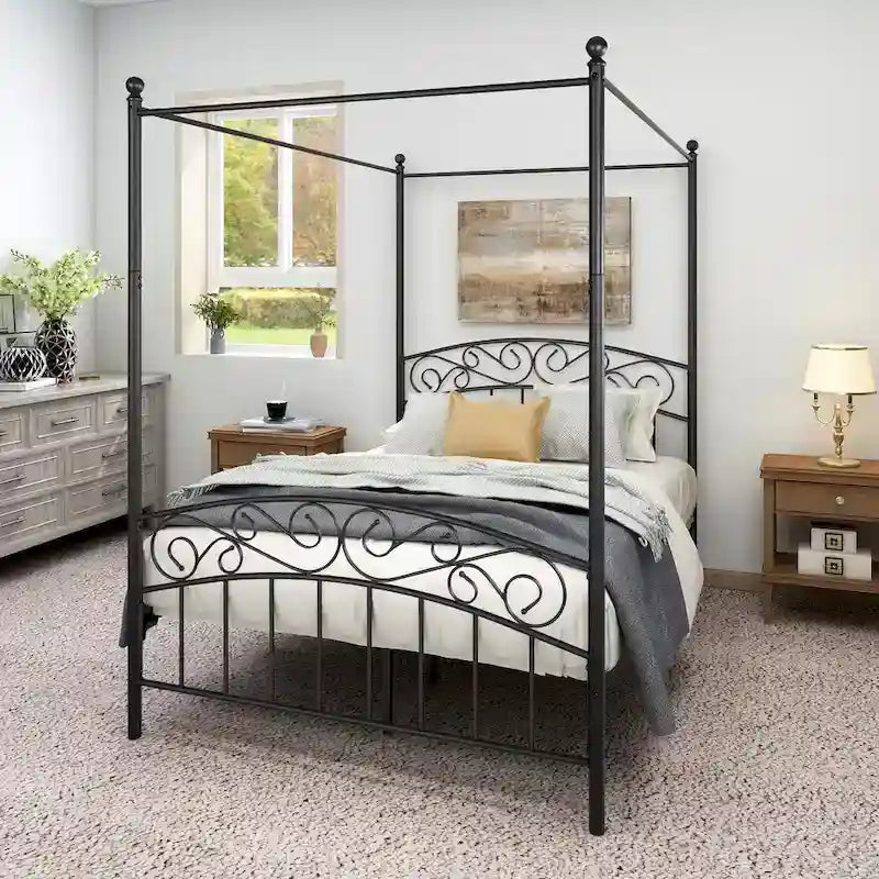 Cadre de lit baldaquin en métal avec tête et pied de lit de style européen orné, acier robuste, convient à votre matelas, montage facile.