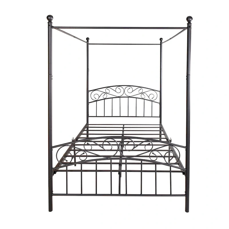 Cadre de lit baldaquin en métal avec tête et pied de lit de style européen orné, acier robuste, convient à votre matelas, montage facile.
