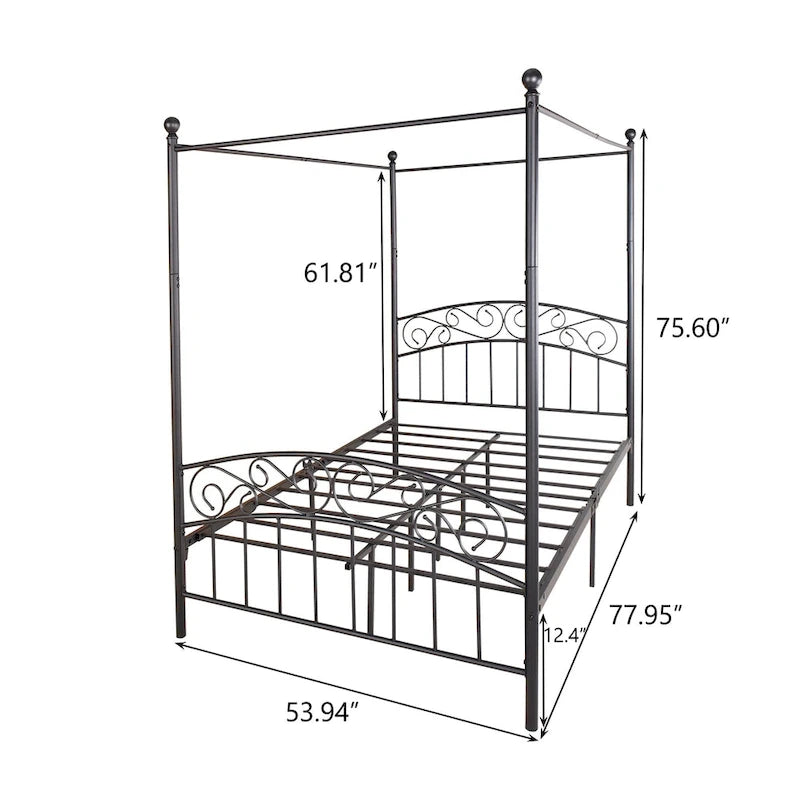 Cadre de lit baldaquin en métal avec tête et pied de lit de style européen orné, acier robuste, convient à votre matelas, montage facile.
