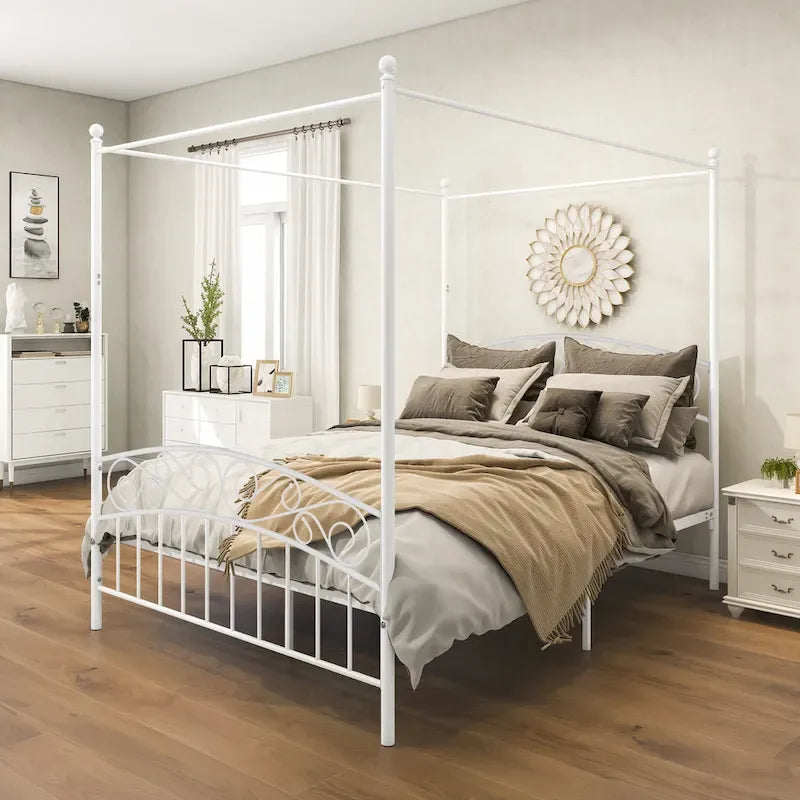 Cadre de lit baldaquin en métal avec tête et pied de lit de style européen orné, acier robuste, convient à votre matelas, montage facile.