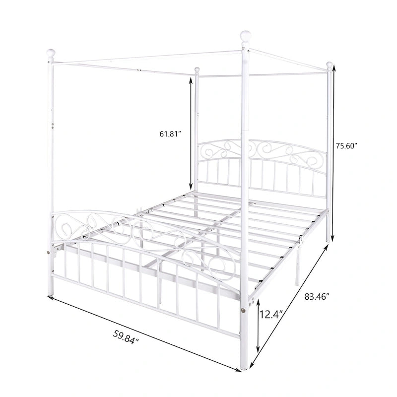 Cadre de lit baldaquin en métal avec tête et pied de lit de style européen orné, acier robuste, convient à votre matelas, montage facile.