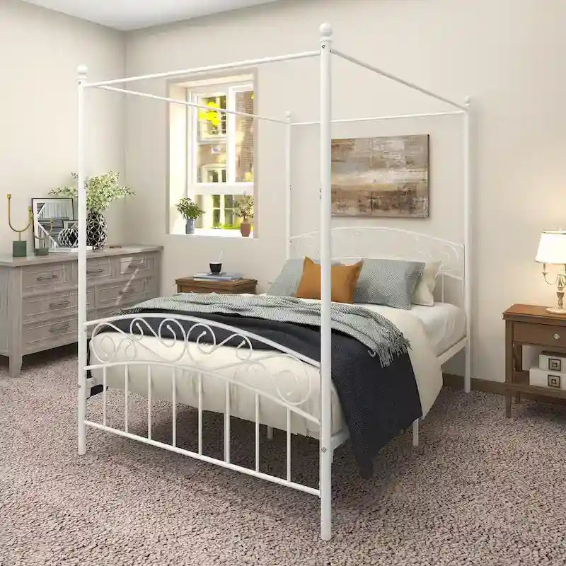Cadre de lit baldaquin en métal avec tête et pied de lit de style européen orné, acier robuste, convient à votre matelas, montage facile.